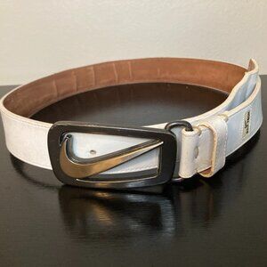 Nike Signature Swoosh Cutout II Belt -Men's White Leather 36" Belt Silver Buckle